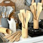 ست کفگیر ملاقه چوبی بامبو استند دار 5 تکه