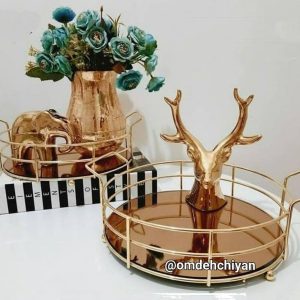 سینی فلزی گرد کف آینه طلایی دو دسته