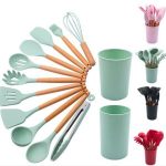 ست کفگیر ملاقه و ابزار سیلیکونی دسته بامبو 12 پارچه استند دار کوچک - Image 2