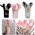ست کفگیر ملاقه و ابزار سیلیکونی دسته بامبو 12 پارچه استند دار کوچک