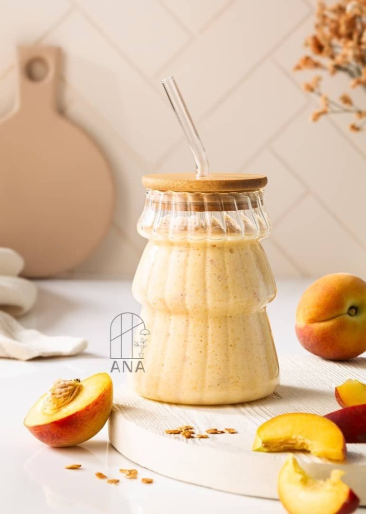 لیوان اسموتی شیشهای با درب چوبی کاج با کیفیت بالا لیوان اسموتی با درب چوبی کاج