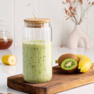 لیوان اسموتی شیاردار با درب چوبی مناسب فروش عمده