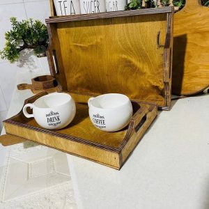 سینی چوبی جفتی دسته از بالا مناسب سرو چای و پذیرایی