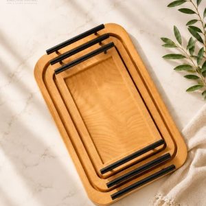 ست سینی چوبی 3 عددی دسته فلزی برای پذیرایی