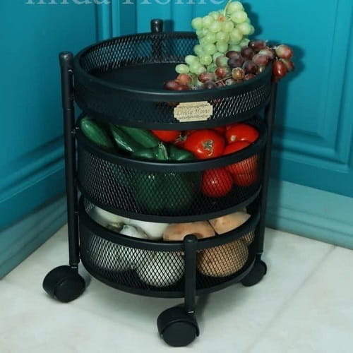 جاپیازی ۳ طبقه گرد مشکی متحرک جاپیازی ۳ طبقه گرد مشکی متحرک چرخ دار برای آشپزخانه
