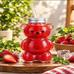 ماگ اسموتی شیشه‌ای نی دار طرح خرس فانتزی